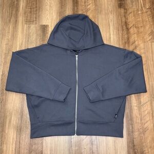 DKNY Sport Women’s Zip Up Ribbed Mid-Weight Hoodie, Steel Blue, Size Large